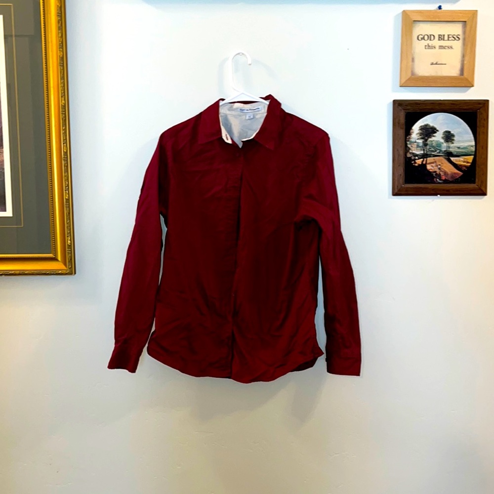 Women’s Long Sleeved Button Down Shirt, Burgundy, White, Port Authority